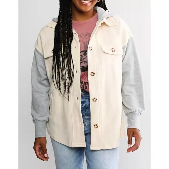 BKE Reverse Pieced Fleece Shacket - Picture 1 of 8